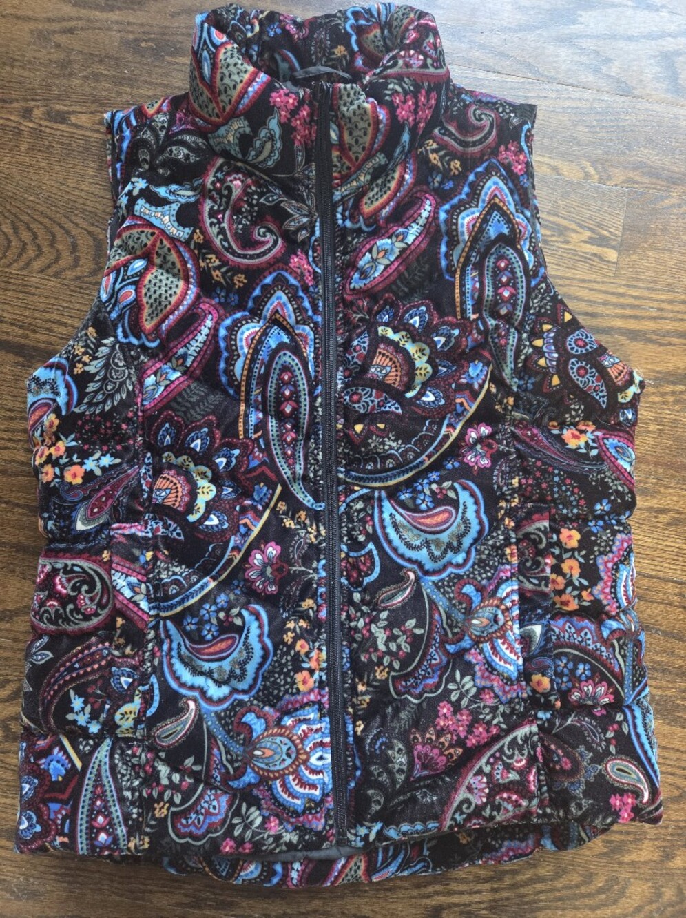 Lands' End Women's Quilted Down Puffer Vest Paisley Velvet Floral Size M